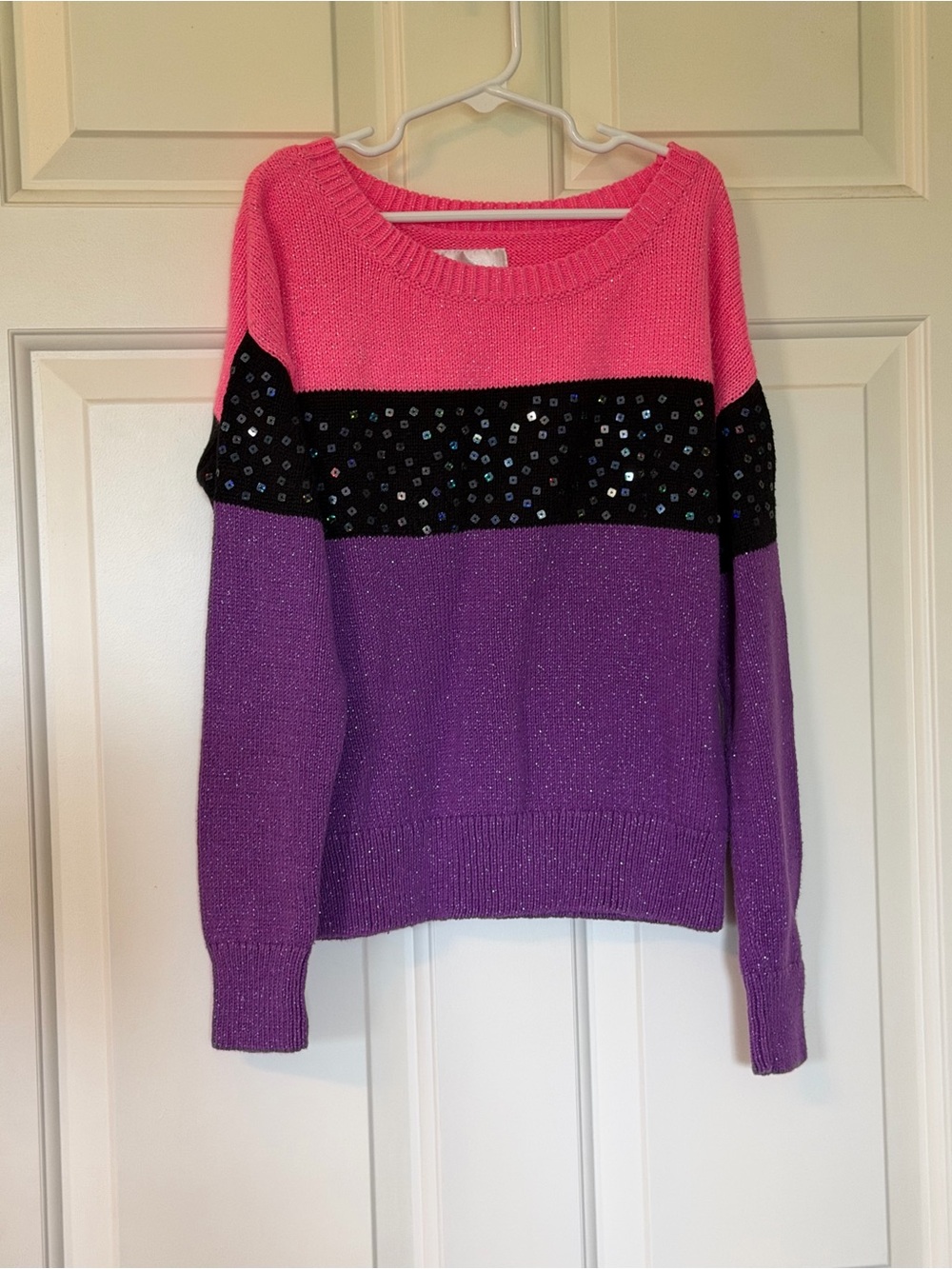 Justice Pink, Black & Purple Sequin Stripe Crewneck Sweater